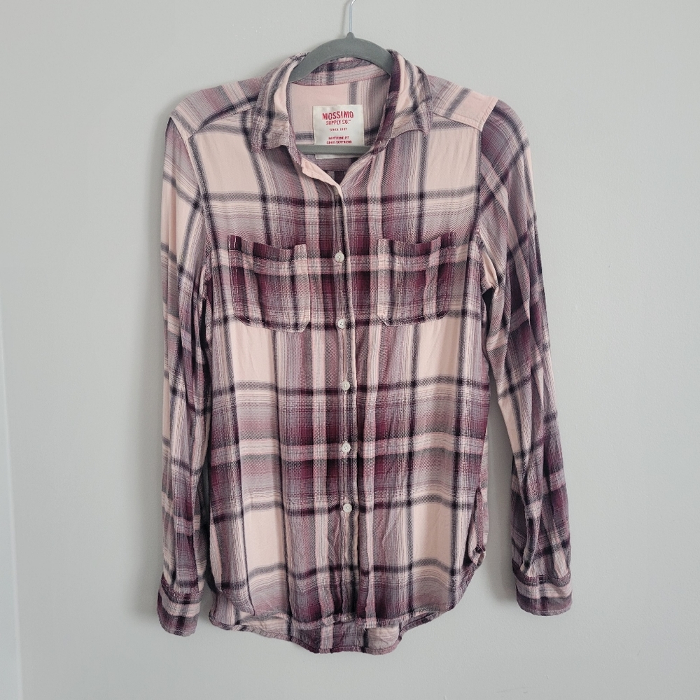 Plaid Long Sleeve Button Down Top in Pink and Purple